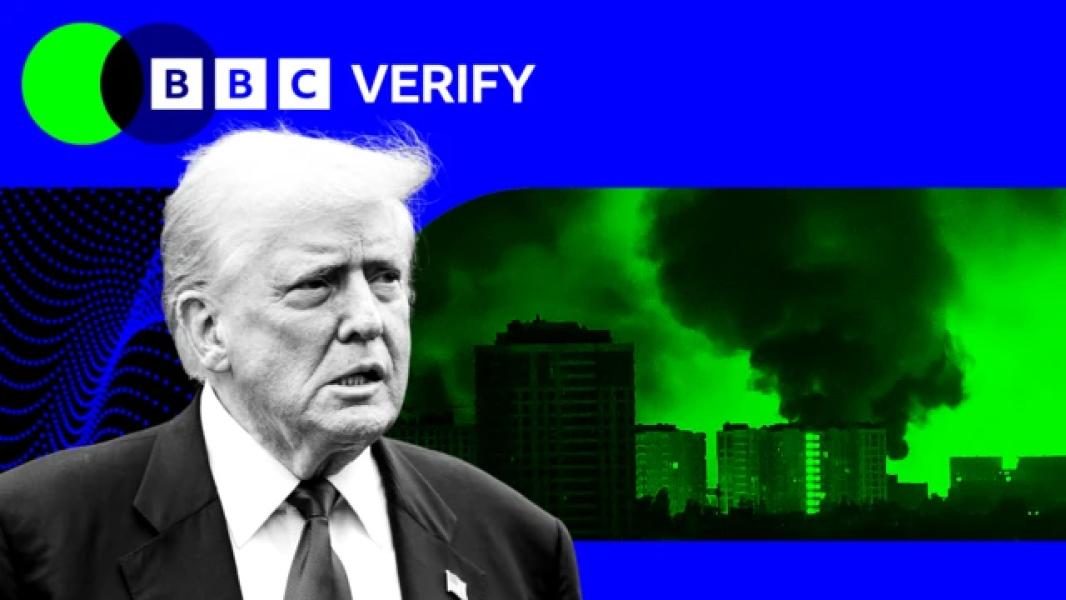 Портрет Дональда Трампа накладено на кольори та брендинг BBC Verify. На тлі – фото після удару по українській столиці