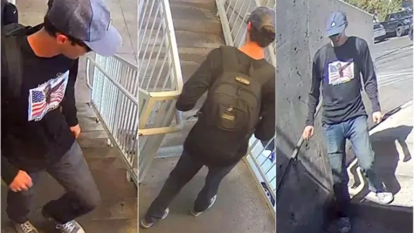 Колаж з фото з камер спостереження, на яких видно стрункого чоловіка в темних джинсах, чорній водолазці з принтом американського прапора, синій кепці та кедах подібних до конверсів. Чоловік спочатку підіймається, а потім спускається сходами