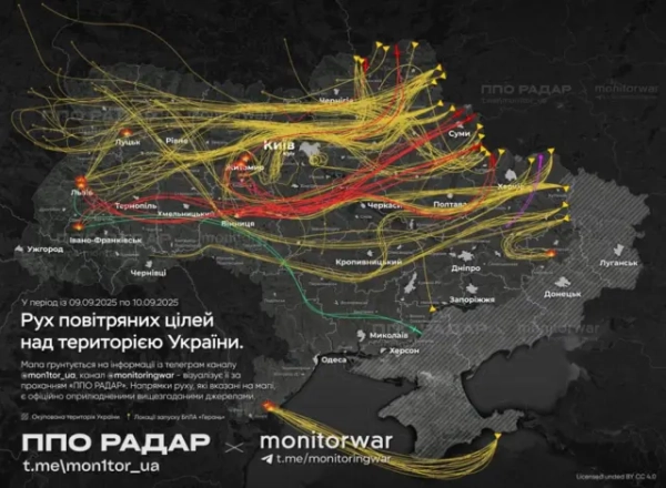 Приблизний маршрут руху дронів та ракет