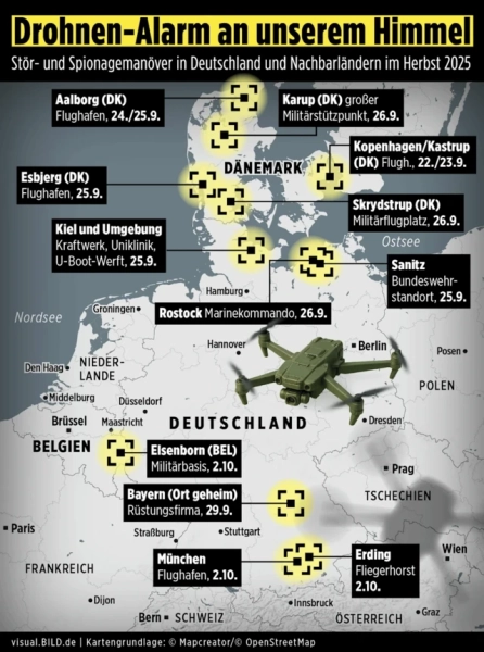 Німецький Bild подає карту дронових відвідин у Європі. І це не лише аеропорти