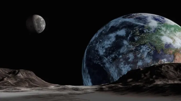 Ілюстрація: як могли б виглядати Земля та Місяць з іншого космічного тіла поблизу. На передньому плані — поверхня астероїда, справа височить Земля з чітко видимими океанами та материками, а Місяць — сіра маса вдалині, зверху праворуч.