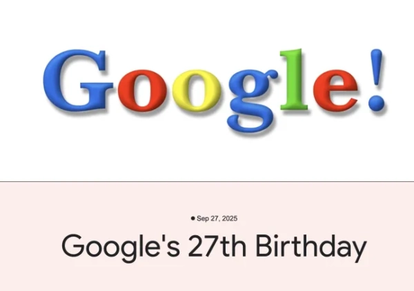 Знімок екрана старого логотипу Google кінця 1990-х років з написом під ним чорним текстом «27-й день народження Google».