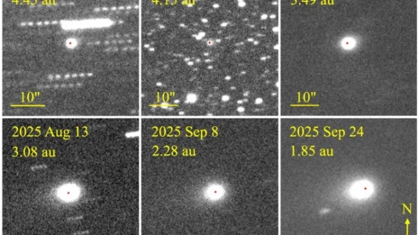 Зображення показують, як комета змінилася з літа: червона точка, що показує найяскравіший піксель, здається, має зворотний напрямок.