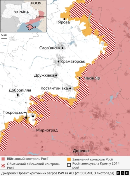 Мапа фронту на Донбасі навколо Покровська
