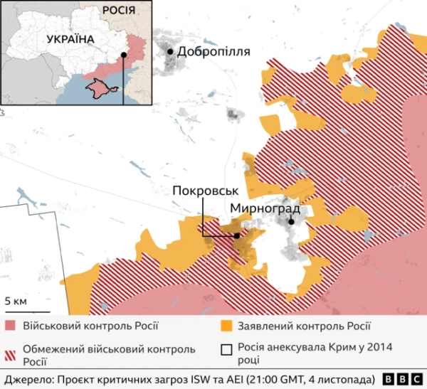 Мапа фронту біля Покровська та Мирнограда