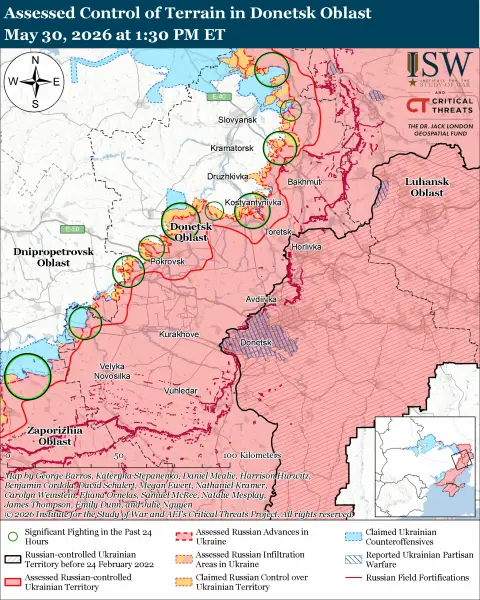 Російські війська намагаються проникнути в кілька міст на сході України: огляд та карти лінії фронту від ISW 26 Російські війська намагаються проникнути в кілька міст на сході України: огляд та карти лінії фронту від ISW 26