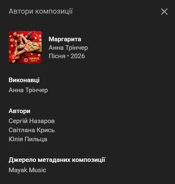 Пісня Анни Трінчер «Маргарита» — склад команди після змін / © music.youtube.com