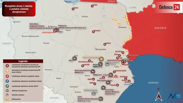 Мапа падіння російських дронів і ракет у Польщі / © Defence24