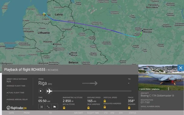Військовий літак Сполучених Штатів несподівано сів у Москві: Кремль здивований реакцією на таємничий політ 2 Літак ВПС США. Фото: скрин / © flightradar24