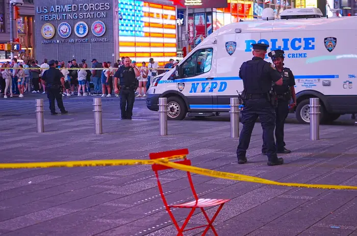 New York Police Department (NYPD) officers investigate the scene after police reportedly shot and wounded a knife-wielding woman accused of stabbing two people near West 42nd Street and Seventh Avenue in Times Square,