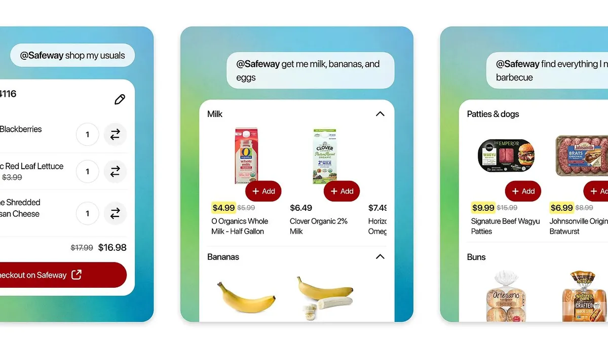 Safeway інтегрували в ChatGPT 2 Три зображення, що демонструють, як покупці можуть використовувати новий плагін Safeway у ChatGPT