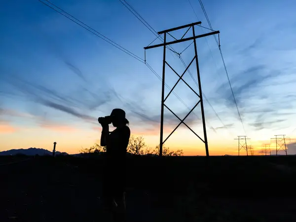 Силует авторки з камерою на тлі заходу сонця та кабельних веж.