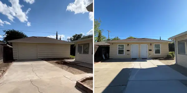 З гаража — ще два Airbnbs: як американка перетворила будинок на чотири прибуткові квартири 6 Поряд зображення під'їзної дороги до будинку та окремої господарчої будівлі у дворі під ясним блакитним небом.