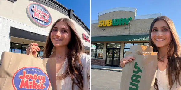 Jersey Mike's проти Subway: хто приготував кращий сендвіч 32 жінка з посмішкою з пакетом Jersey Mike's біля Jersey Mike's поруч із зображенням жінки з посмішкою з пакетом Subway біля Subway